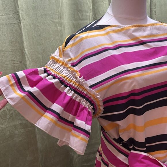 Salvatore Ferragamo 100% cotton Striped Multicolor bell sleeve belted Dress, S - Picture 5 of 13